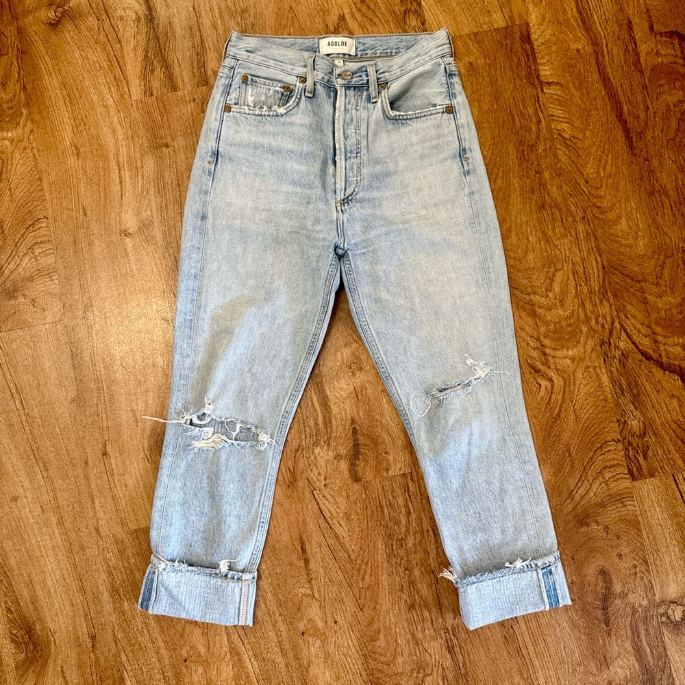 Distressed, Light Wash, Agolde Cropped Riley Jeans. 24